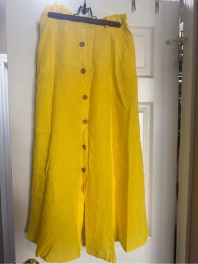 Bright Yellow Button-Front Linen Midi Skirt